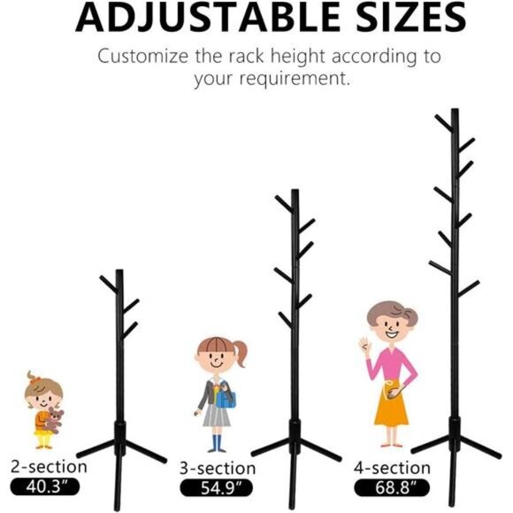 Wooden Tree Coat Rack Stand, 3 Adjustable Sizes, 8 Hooks - Super Easy Assembly - Picture 4 of 7